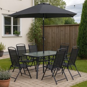Växjö utegrupp komplett med bord, 6 positionsstolar och parasoll