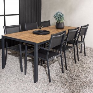 Chania matgrupp  6 st Copacabana stolar med matbord 205 x 90 cm - Svart/natur