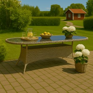 Trädgårdsbord - Menton | 230x100 cm | Natur | Ovalt + Rengöringsspray för utemöbler