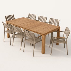 Utematgrupp - Saltö & Pino | Teak bord | 8 stolar + Rengöringsspray för utemöbler