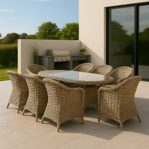Matgrupp med 6 stolar och matbord 180 x 100 cm rotting - Menton/Mercury + Rengöringsspray för utemöbler