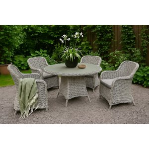 Matgrupp 4 stolar och matbord Ø110 cm grå/rotting + Rengöringsspray för utemöbler