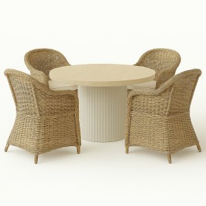 Merca matgrupp: Runt bord + 4 st Mercury fåtöljer naturfärgad konstrotting + Rengöringsspray för utemöbler