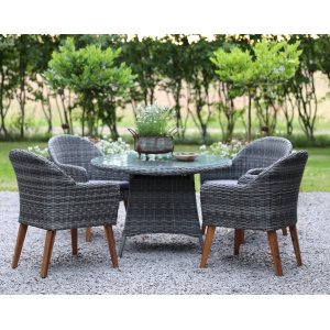Jacksonville utematgrupp 110 cm runt bord inkl 4 st Valetta fåtöljer grå konstrotting + Textilimpregnering för utemöbler