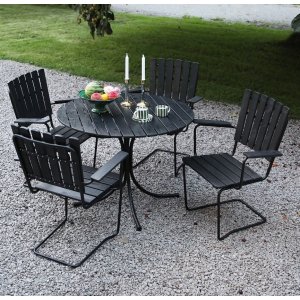 Matgrupp . Vaxholm i fjäderstål | svart + Textilimpregnering för utemöbler