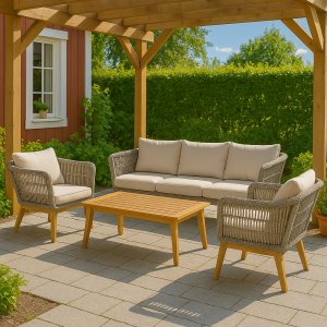 Inez loungegrupp - Grå konstrotting & akacia trä + Textilimpregnering för utemöbler