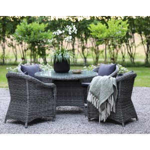 Jacksonville utematgrupp 110 cm runt bord inkl 4 st Mercury fåtöljer grå konstrotting + Rengöringsspray för utemöbler