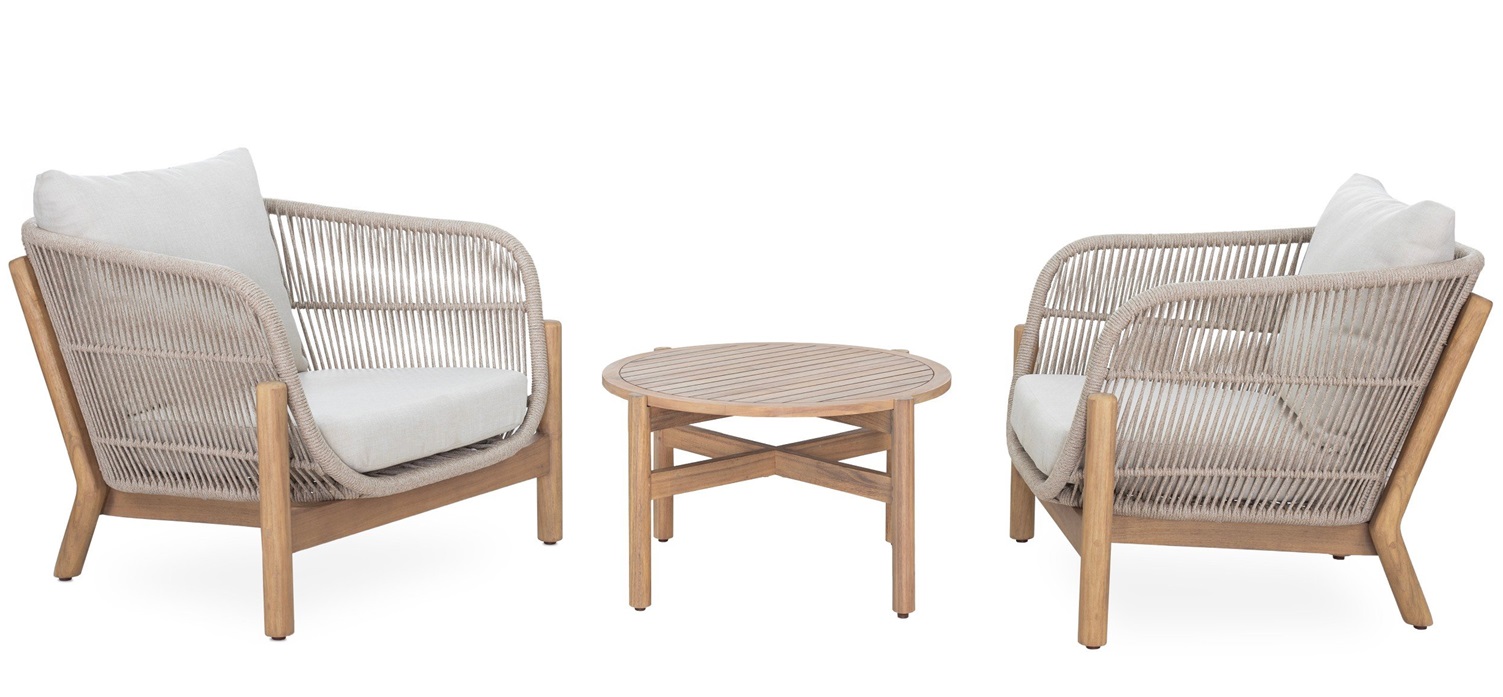 Loungegrupp utomhus teak rep ljusa dynor liten soffgrupp + Textilimpregnering för utemöbler