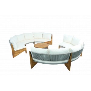 Rund loungesoffgrupp med bord | Två soffor i rope & acaciaträ | Creme